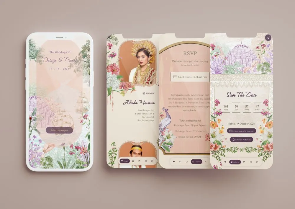 Tampilan desain undangan Traditional Bugis Pinishi di beberapa layar ponsel