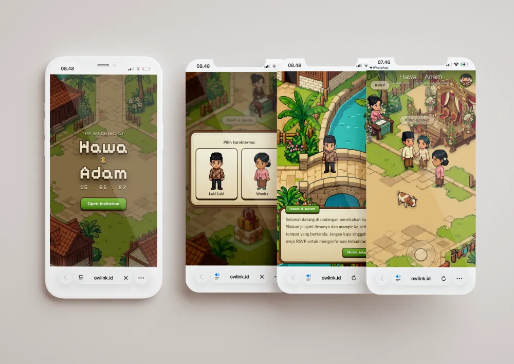 Tampilan desain undangan Game - Isometric Village di beberapa layar ponsel