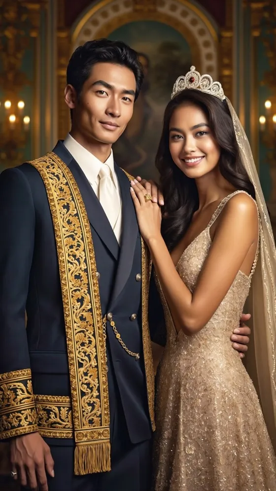 Hasil tema royal: pasangan berbusana kerajaan bersulam emas, mempelai perempuan bertiara.