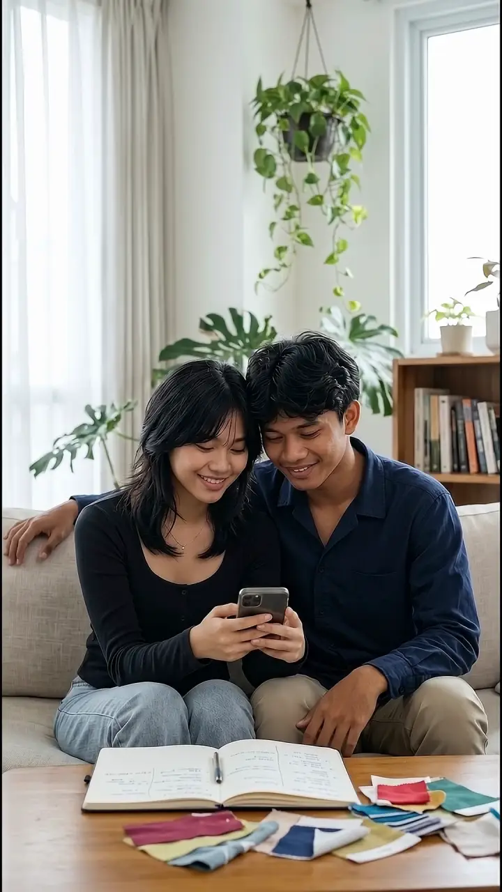 Pasangan duduk berdua di sofa ruang tamu, tertawa melihat undangan di layar ponsel.