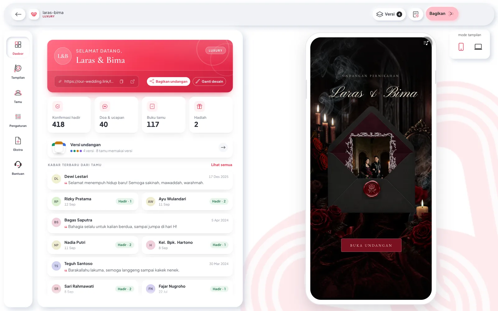 Layar asli beranda dasbor desktop: statistik konfirmasi, ucapan, buku tamu, hadiah, kabar terbaru dari tamu, dan pratinjau undangan.