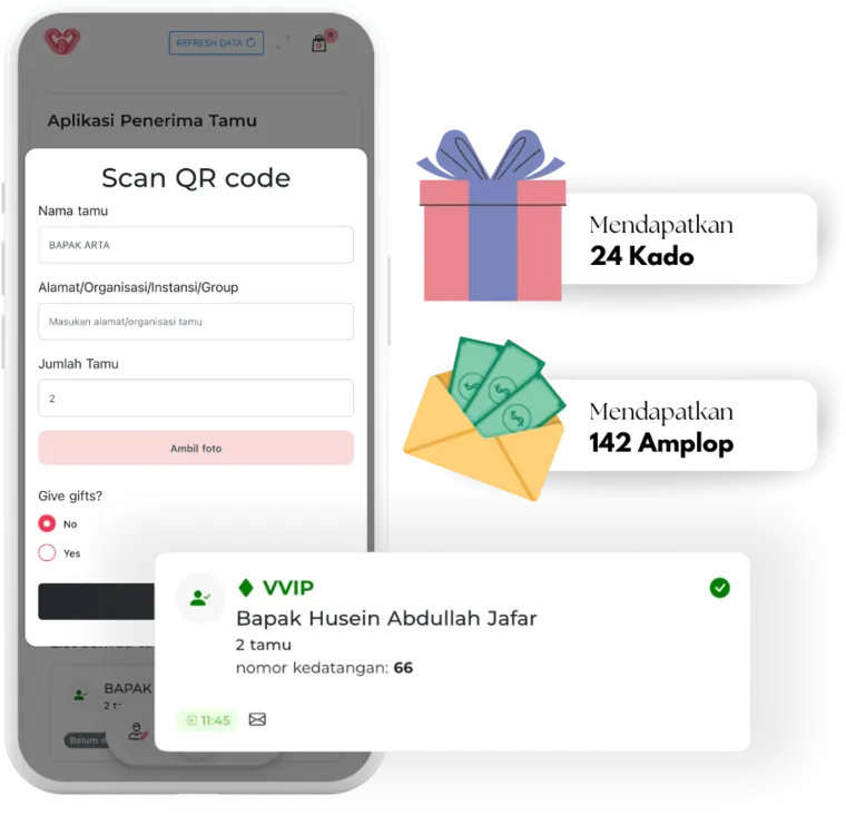 Layar scan QR di aplikasi dengan pilihan memberi hadiah, ringkasan kado dan amplop, serta kartu tamu VVIP.