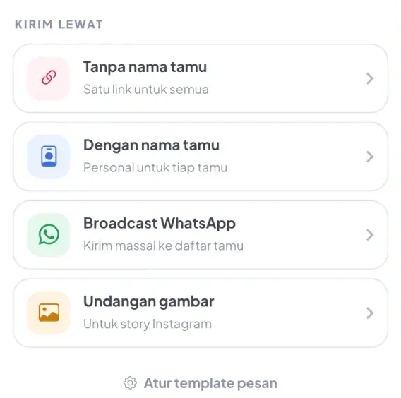 Potongan layar asli Bagikan undangan: kirim tanpa nama, dengan nama tamu, Broadcast WhatsApp, dan undangan gambar.