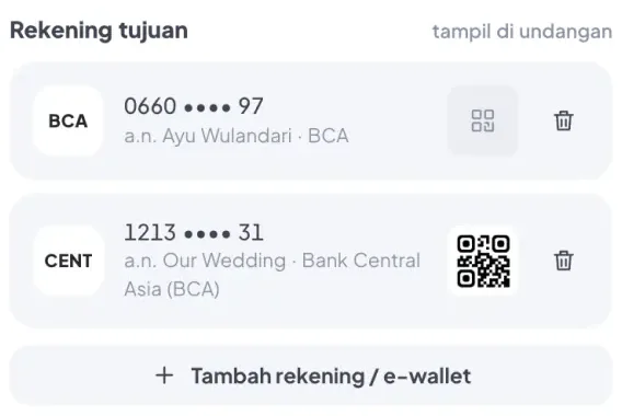 Potongan layar asli Hadiah: rekening tujuan yang tampil di undangan untuk amplop digital.